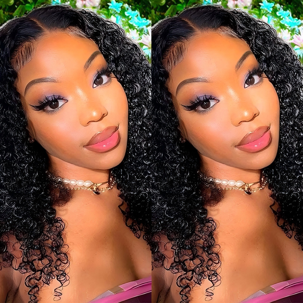 AngelBella Natural Color Jerry Curly 4x4 Long Virgin Remy Hair Wig HD Transparent Glueless Human Hair Lace Closure Wig