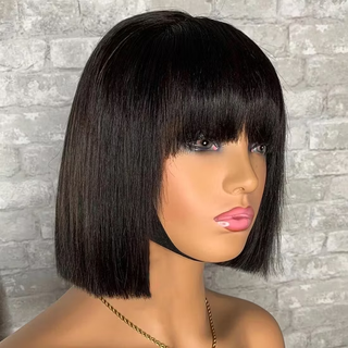 Black Bob Wig with Bangs Full Machine Made Short Straight Bob Wigs for Black Women 8 10 12 14 16 Inch