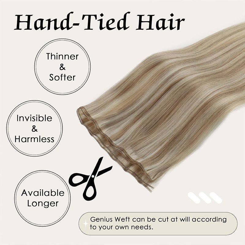 AngelBella Full Shine Genius Weft Hair Extension Human Hair 20 Inch Blonde Human Hair Weft Color Ash Blonde Highlight Bleach Blonde Hair Extensions Real Human Hair Hand Tied Weft