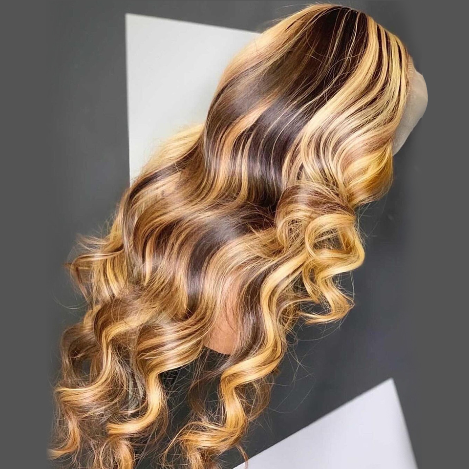 Honey Blonde Glueless Ombre Highlight Lace Front Wigs Human Hair Body Wave Wigs 