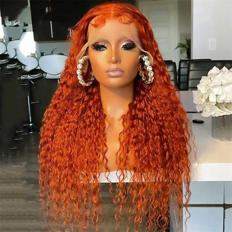 30 Inch Brazilian Transparent Wigs Lace Frontal Wig 13x4 1800% Density Human Hair Colored Ginger Water Wave Wigs for Women