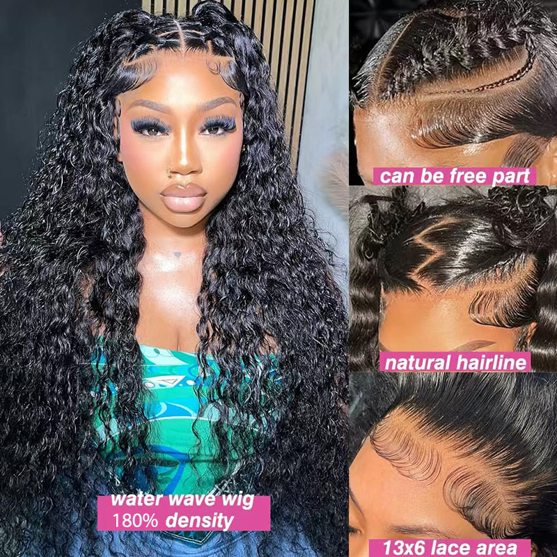 AngelBella 12-40 Inch Water Wave Lace Front Wigs Human Hair Pre Plucked 13x6 Deep Part HD Lace Frontal Wig 180 Density Curly Human Hair Wig for Women