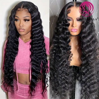 AngelBella Natural Black 30 Inch 220 Density Hd Glueless Lace Frontal Wig Deep Wave Human Hair Lace Front Wigs for Black Women