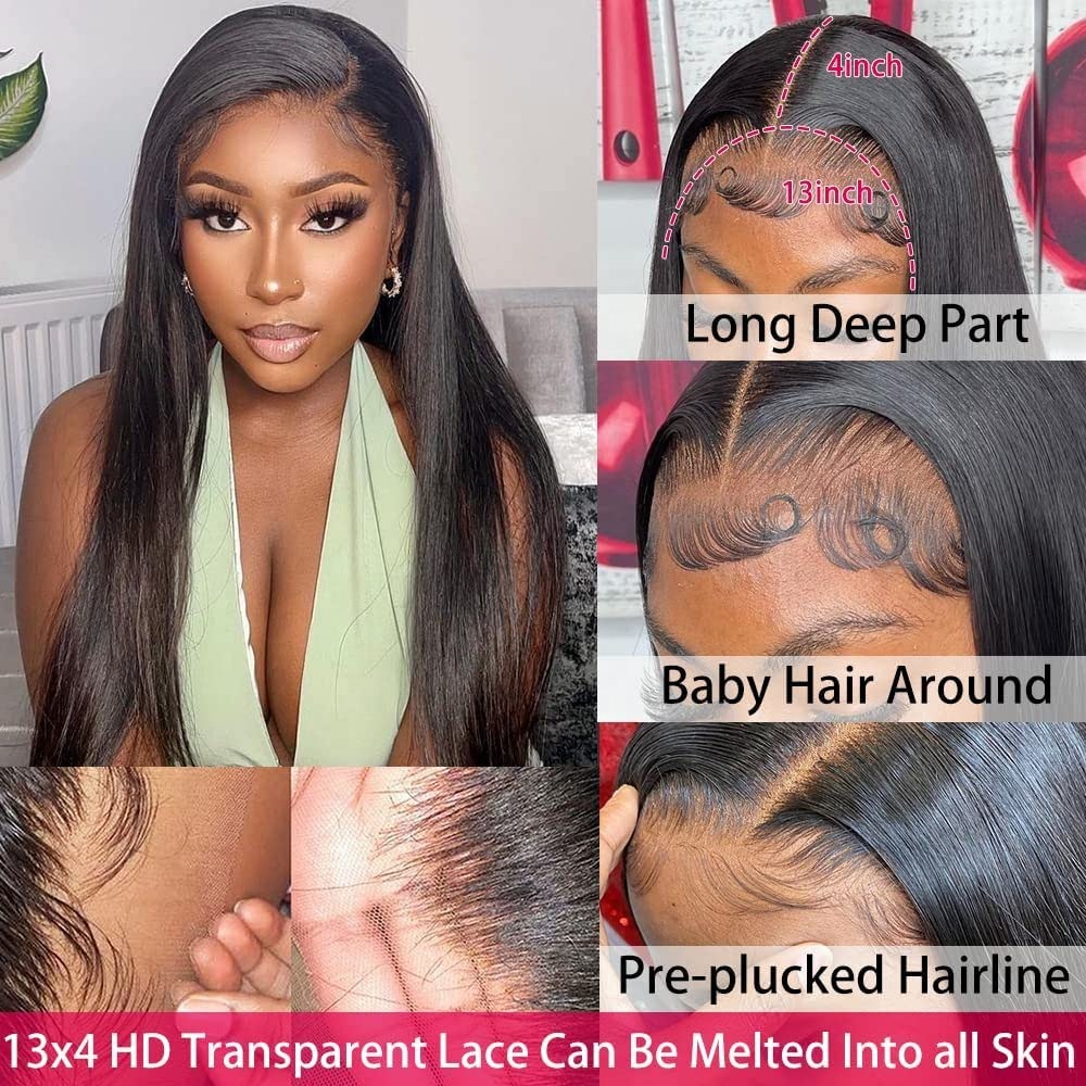 Brazilian 13X4 Straight Human Hair Wigs 180% Density Gluless HD Transparent Swiss Lace Front Wigs for Black Women