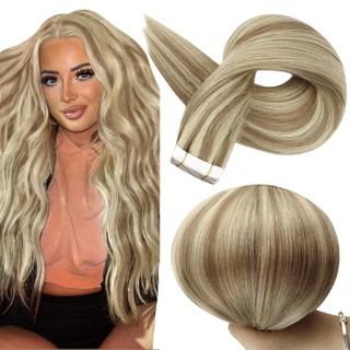 Angelbella Tape in Hair Extensions Real Human Hair 22Inch Color 16 Highlighted 22 Blonde Hair Extensions Tape in 100Gram Pu Tape ins Human Hair Seamless Skin Weft Extension Natural Hair