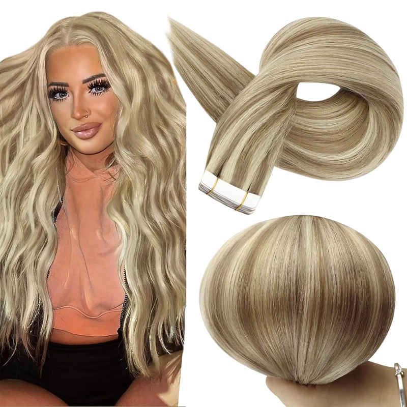 Angelbella Tape in Hair Extensions Real Human Hair 22Inch Color 16 Highlighted 22 Blonde Hair Extensions Tape in 100Gram Pu Tape ins Human Hair Seamless Skin Weft Extension Natural Hair